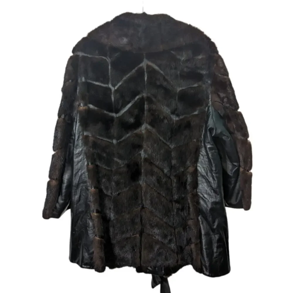 Vintage 70's Dayton's Black Leather Coat with Fur Accents Tie Waist Black Brown - Picture 2 of 14